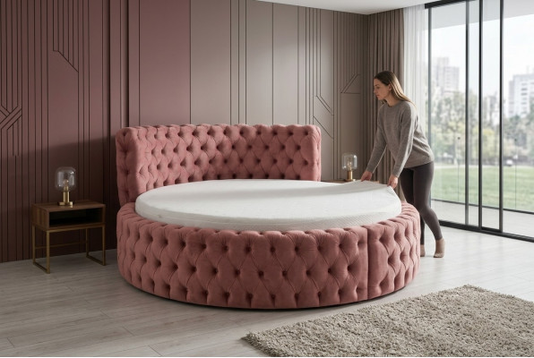 Rundes Samt Bett Chesterfield Luxus Polster Rund Betten Textil Stoff Hotel Neu