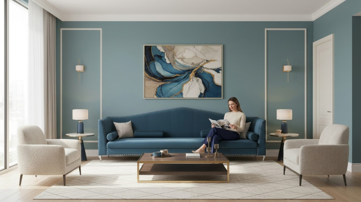 Sofa Couch Polster Stoff Leder Couchen Blaue Garnitur 5 Sitzers