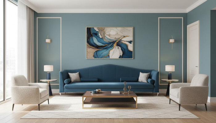 Sofa Couch Polster Stoff Leder Couchen Blaue Garnitur 5 Sitzers