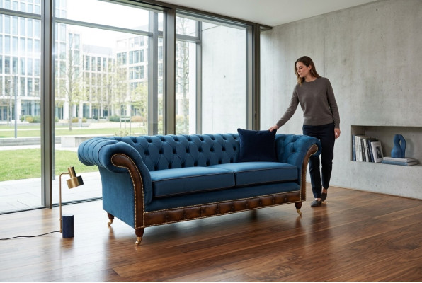 Blaue Chesterfield Stoffsofa Couch Couchen Sofa Sitz Sofas Polster Textil Neu