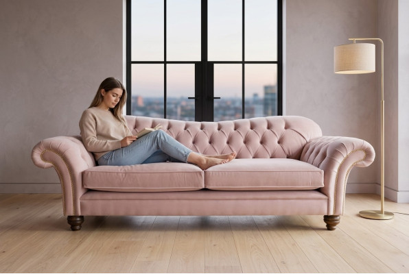 Klassische Chesterfield Couch 4 Sitzer Sofa Couch Samt Leder Design Rosa 240cm