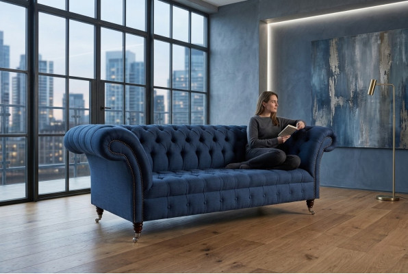 Blauer Textil Chesterfield 4-Sitzer Designer Polster Sofa