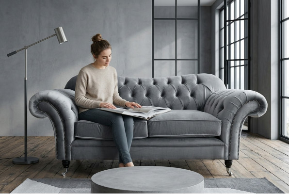Chesterfield Original Sofa Textil Sofas Couchen Stoff Grau 200cm Couch