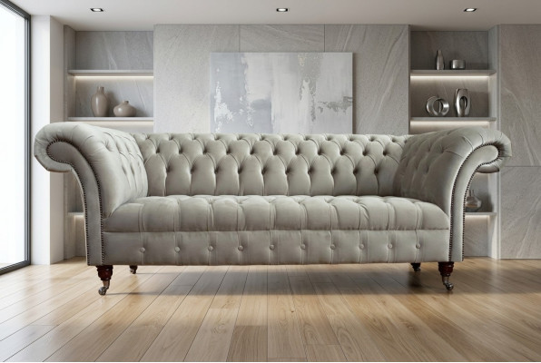 Stilvoller hellgrauer Chesterfield Dreisitzer Luxus Wohnzimmer 3-Sitzer