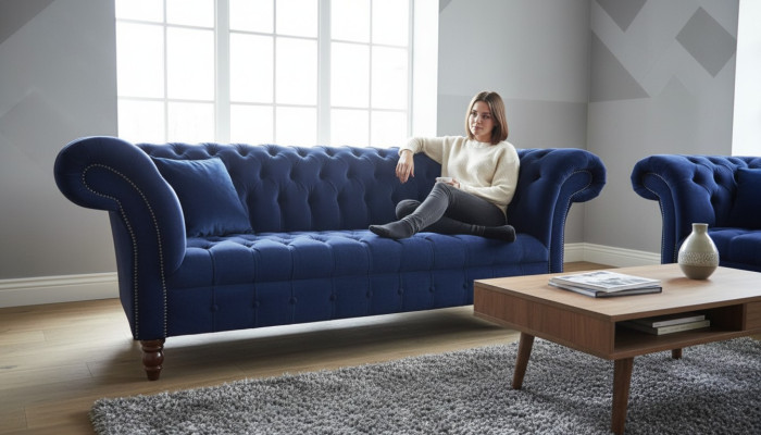 Blaue Chesterfield Sofa Couch Design Polster Sofas Couchen Stoff Textil Leder