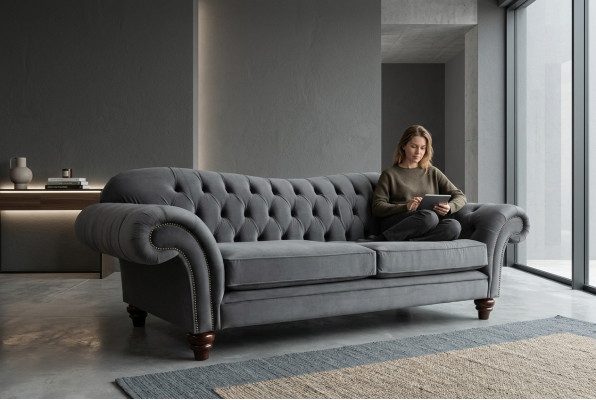 Big Sofa 4 Sitzer Couch Chesterfield Polster Sitz Garnitur Stoff Textil Neu Grau