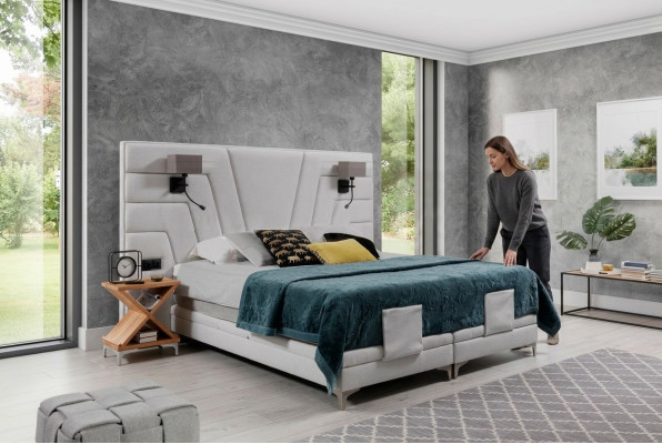 Bett Betten Doppelbett Schlafzimmer Leder Polster Textil Hotel + Lampen
