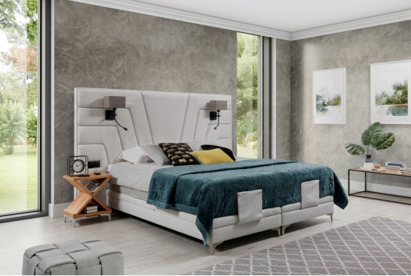 Bett Betten Doppelbett Schlafzimmer Leder Polster Textil Hotel + Lampen