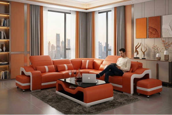 Ledersofa Couch Wohnlandschaft Ecksofa Eck Garnitur Design Modern Sofa mit USB