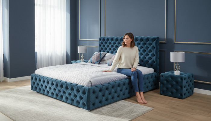 Doppelbett Schlafzimmer Samt Betten Chesterfield Bettgestell Nachttisch 3tlg Set