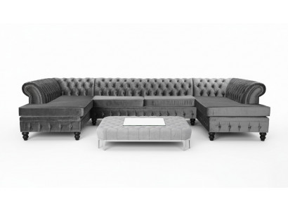 Set Luxury Modern Ecksofa U-Form Chesterfield und Couchtisch Wohnzimmer Textil