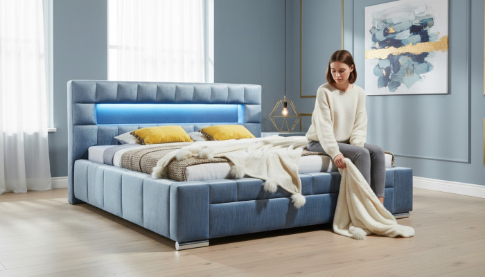 Luxus Boxspring Bett Stoff Hotel Blaue Betten Schlafzimmer Möbel Design Doppel