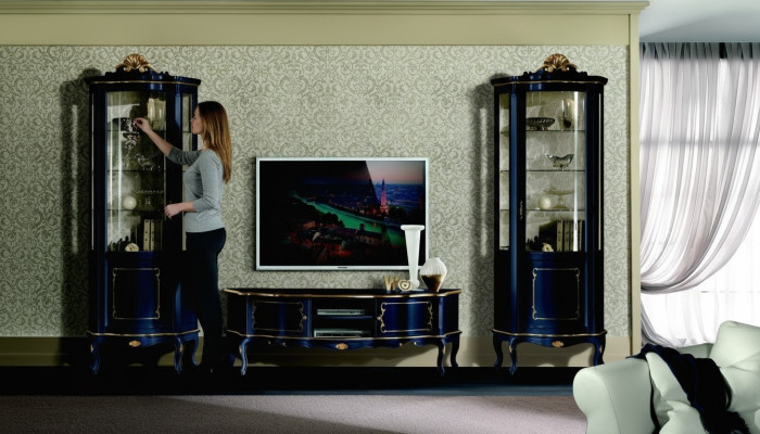 Luxus Set Garnitur 3tlg rtv mit 2x Vitrine Blau Italienische Luxus Möbel Barock Stil
