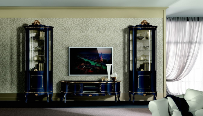 Luxus Set Garnitur 3tlg rtv mit 2x Vitrine Blau Italienische Luxus Möbel Barock Stil