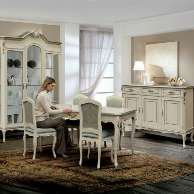 Luxus Esszimmer Set Garnitur 7tlg Weiß Holz Möbel Kommode 4x Stuhl Tisch Vitrine