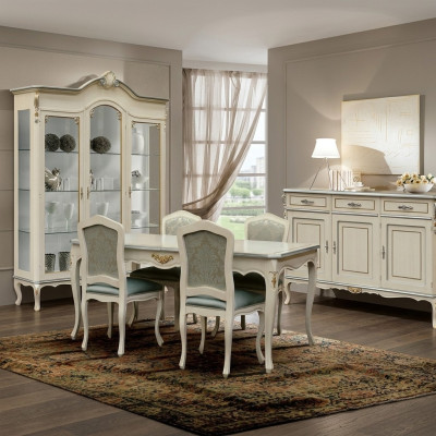 Luxus Esszimmer Set Garnitur 7tlg Weiß Holz Möbel Kommode 4x Stuhl Tisch Vitrine