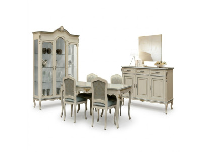 Luxus Esszimmer Set Garnitur 7tlg Weiß Holz Möbel Kommode 4x Stuhl Tisch Vitrine