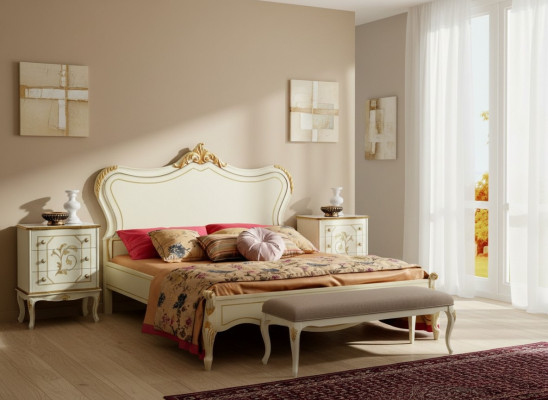 Luxus Bett 160x195cm mit Holz Kopfteil und 2 Nachttischen Italienische Möbel Neu