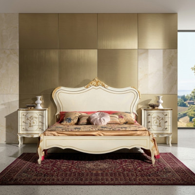 Luxus Bett 180*195cm mit Holz Kopfteil und 2 Nachttischen Italienische Möbel Neu