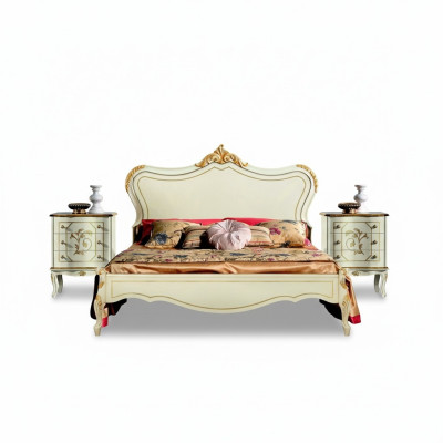 Luxus Bett 180*195cm mit Holz Kopfteil und 2 Nachttischen Italienische Möbel Neu