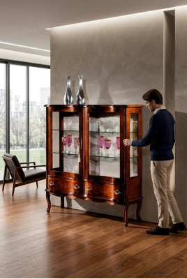 Designer Luxus Holz Vitrine Braun 2 Glas Türen 2 Schublade Italienische Möbel