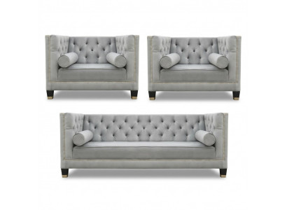 Sofagarnitur Grau Chesterfield Sessel Luxus Möbel Textil Stoff Wohnzimmer Neu