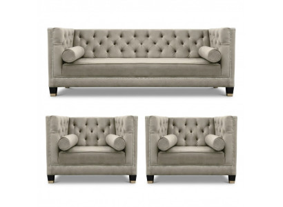 Beige Sofagarnitur Chesterfield Sessel Luxus Möbel Textil Stoff Wohnzimmer Neu