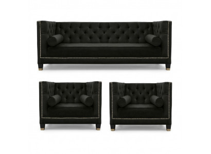 Schwarze Wohnzimmer Sofagarnitur Chesterfield Sessel Dreisitzer 3tlg