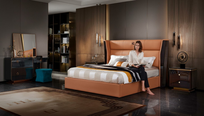Bett Leder Orange Schlafzimmer Kreative Modern Design Möbel Holz Luxus Betten