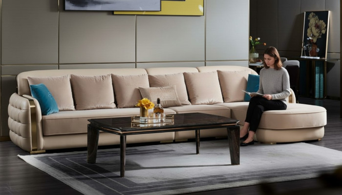 Ecksofa Leder Beige Luxus Wohnlandschaft Couch Eckgarnitur Sofas Möbel Design