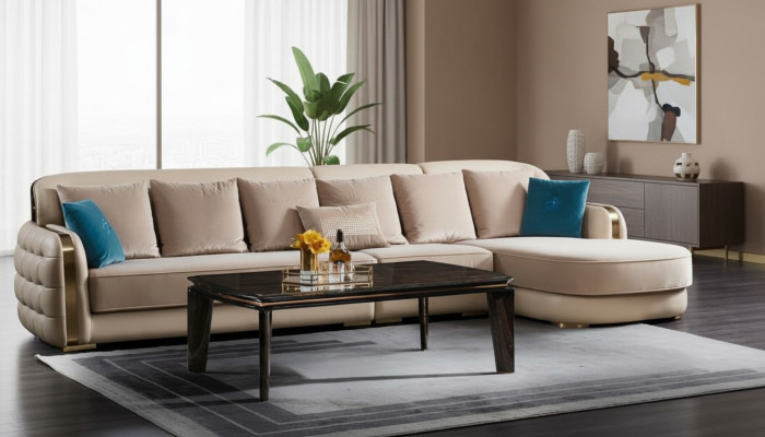 Ecksofa Leder Beige Luxus Wohnlandschaft Couch Eckgarnitur Sofas Möbel Design