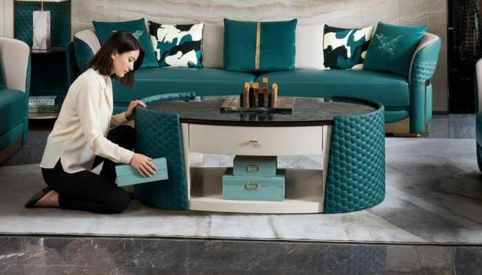 Couchtisch Holz Leder Turkis Ovaler Modern Design Möbel Luxus Wohnzimmer 140x83