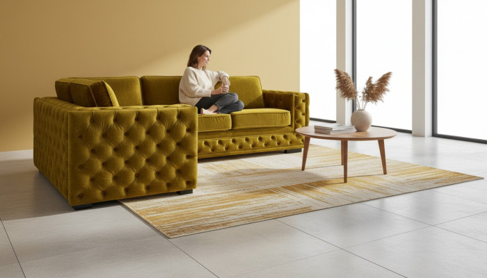 Chesterfield Samt Ecksofa Sofa Couch Polster Eckgarnitur Wohnzimmer Couchen Gelb