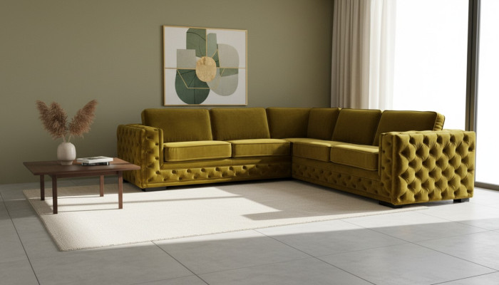 Chesterfield Samt Ecksofa Sofa Couch Polster Eckgarnitur Wohnzimmer Couchen Gelb