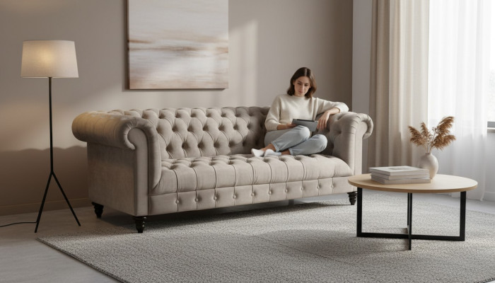Beige Samt Couch Luxus Polster Chesterfield Möbel Sofa mit Knöpfen Dreisitzer