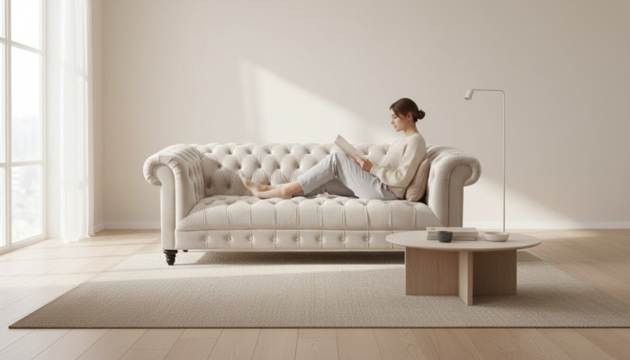 Chesterfield Beige Samt Couch Luxus Polster Möbel Sofa mit Knöpfen Dreisitzer