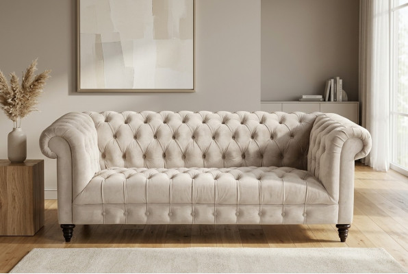 Chesterfield Beige Samt Couch Luxus Polster Möbel Sofa mit Knöpfen Dreisitzer