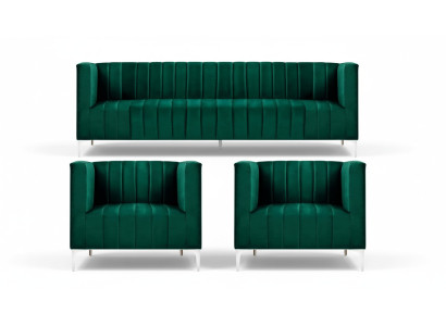 Sofagarnitur Dreisitzer Stoff Wohnzimmer Samt Design Grün Sofa 2 Sessel Gruppe