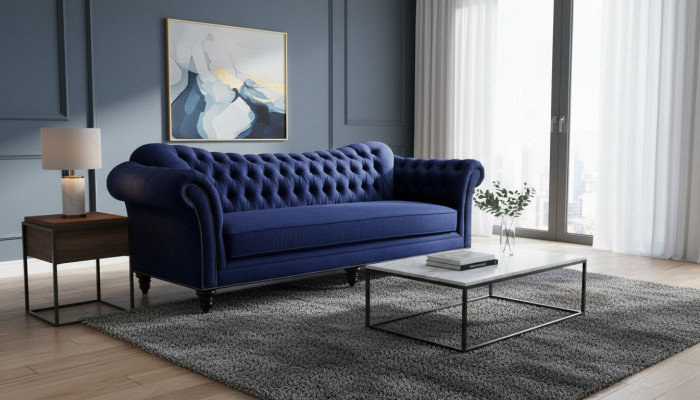 Blaue Chesterfield Wohnzimmer Modern Design Couchen Sofa Designer Möbel Stoff