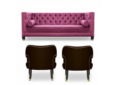 Rosa Chesterfield 2Sessel Schwarz Textil Modern Design Luxus Möbel Sofa Set Neu