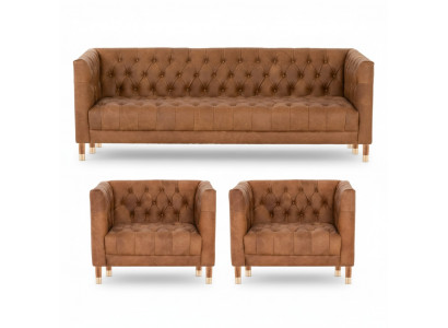 Braune Samt Chesterfield 2 Sessel Leder Modern Design Möbel Sofa Set Sofas Neu
