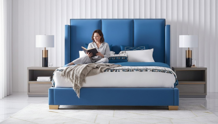 Schlafzimmer Design luxus Bett 180x200 Textil Doppel Bettgestell Blau