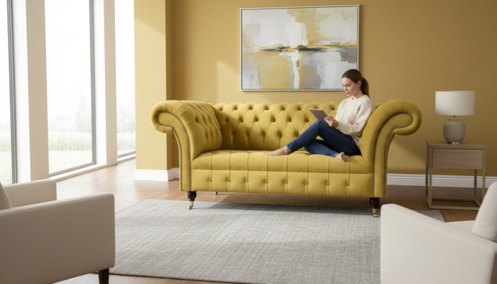 Chesterfield Design Luxus Polster Sofa Couch Sitz Garnitur Textil Gelb Neu