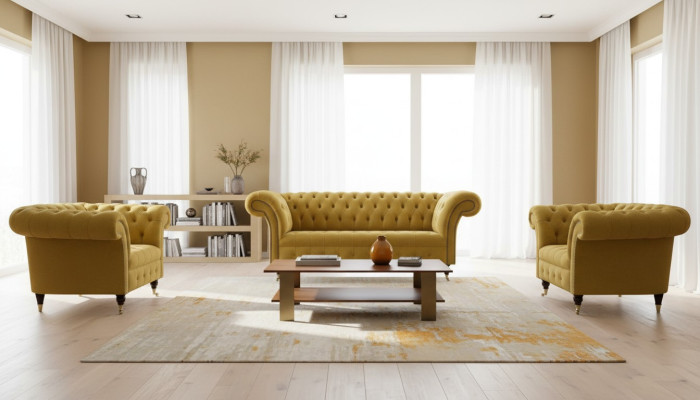 Chesterfield Design Luxus Polster Sofa Couch Sitz Garnitur Textil Gelb Neu