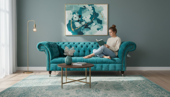 Chesterfield Couch Polster Sofas Klassischer Textil Turkis 3 Sitzer Stoff