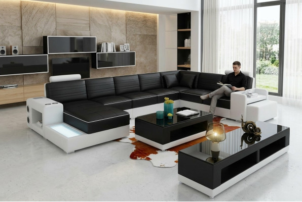Ecksofa U-Form Sideboard Couchtisch Couch Design Schwarz Polster Leder Modern