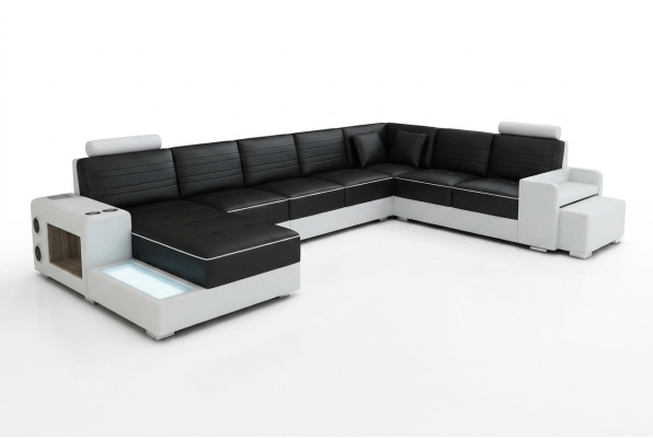 Ecksofa U-Form Sideboard Couchtisch Couch Design Schwarz Polster Leder Modern