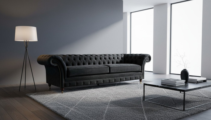 Big Sofa 4 Sitzer Couch Chesterfield Polster Garnitur Leder Textil Schwarz