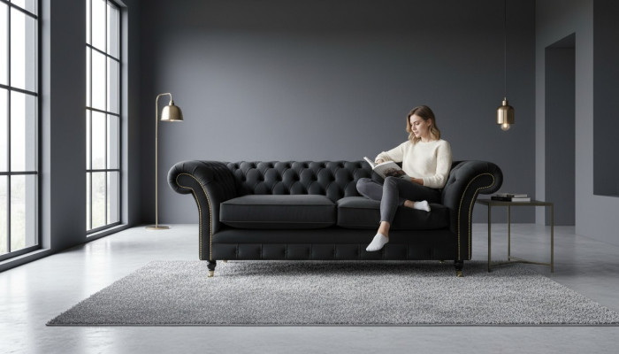 Chesterfield Couch Polster Sofas Klassischer Textil Schwarz Sofa 3 Sitzer