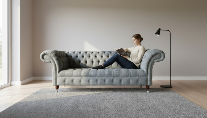 Stoff Sofa Couch Polster Garnitur 3 Sitzer Couchen Sofas Chesterfield Grau Samt